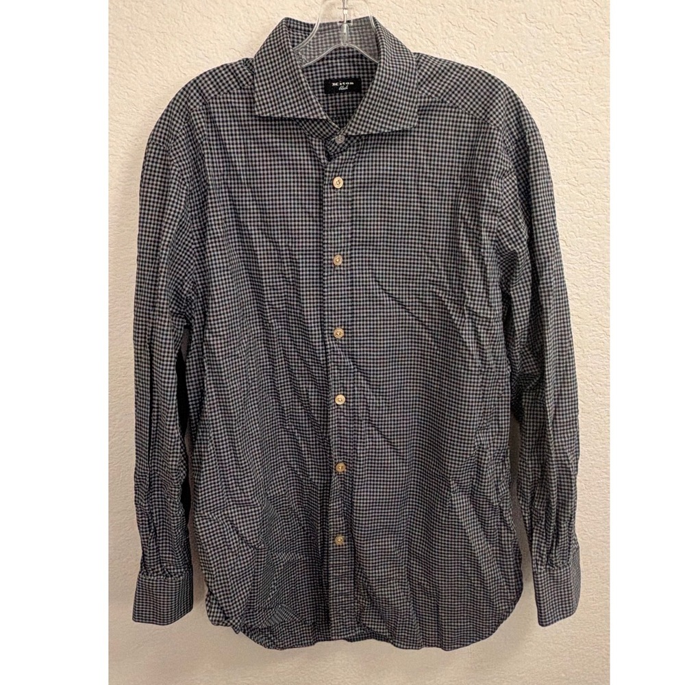Kiton Black Mens Navy Blue White Gingham Check Button Down Shirt Size L Large